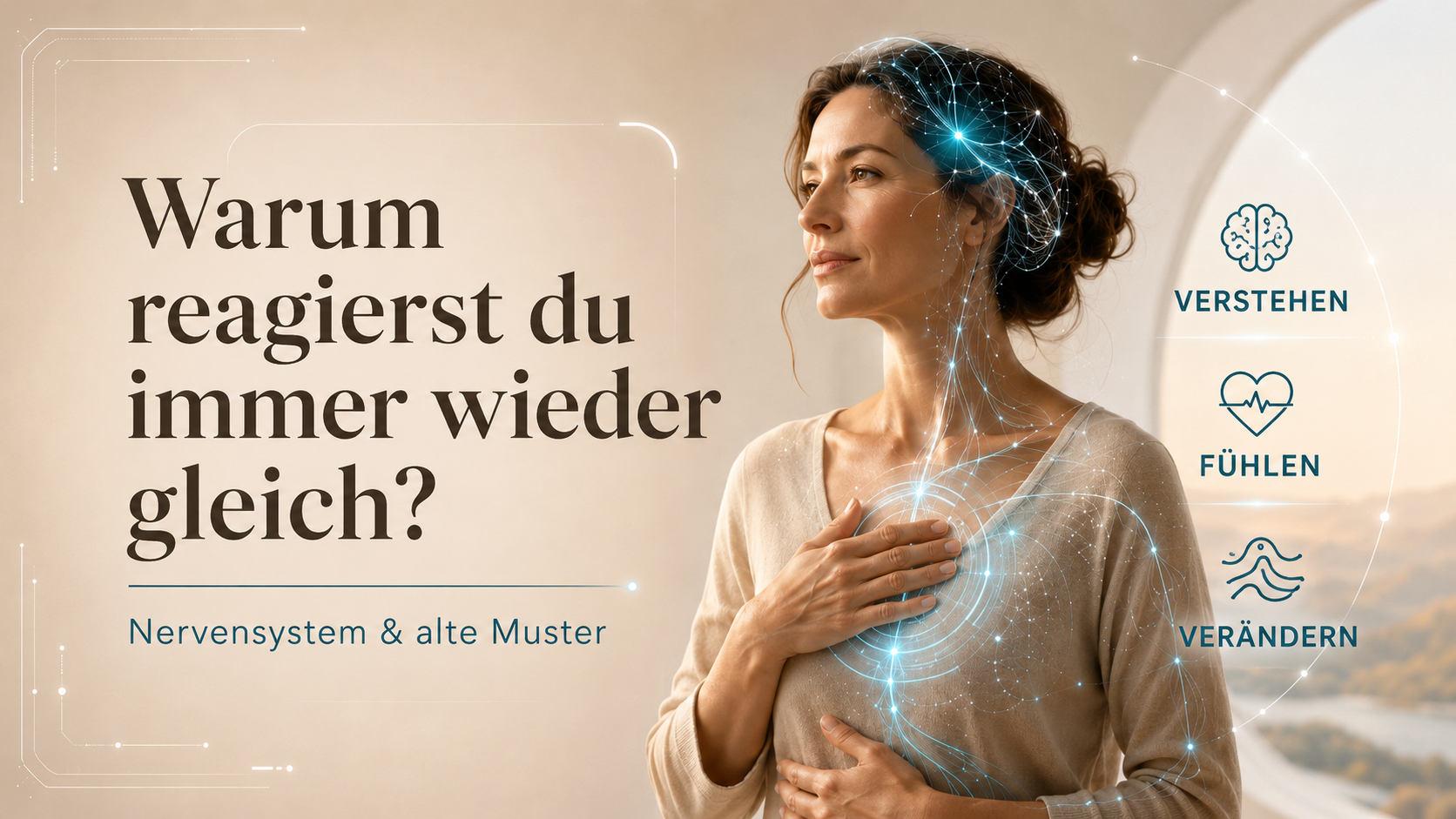 Frau mit leuchtenden neuronalen Linien als Symbol für Nervensystem und alte Reaktionsmuster verstehen
